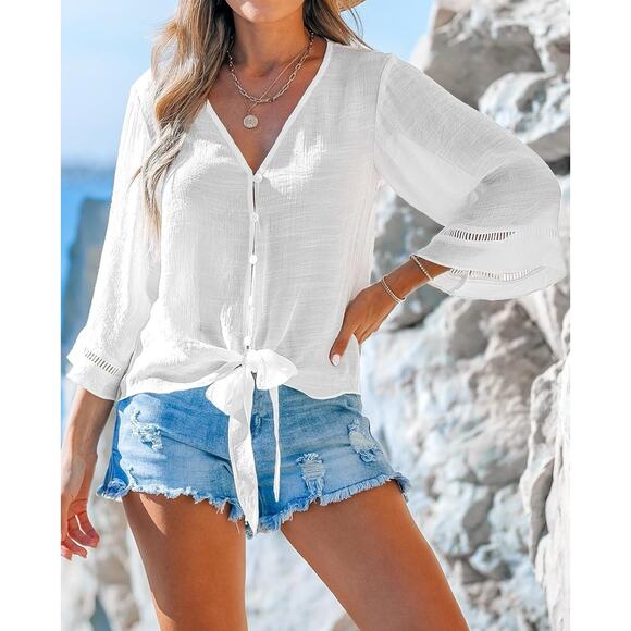 Cupshe White Button Front Tie Hem Blouse M NWT | 3/4 Sleeve Beach Cover Up Top - Picture 2 of 9